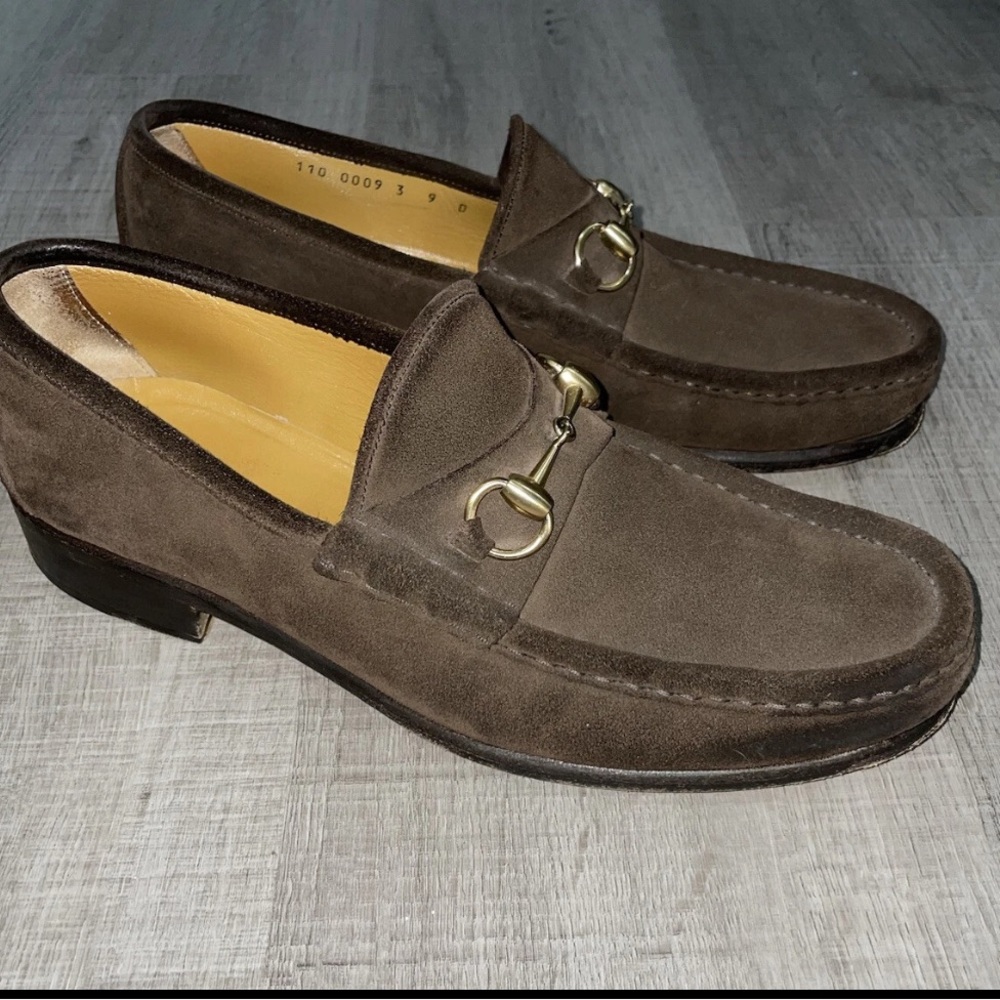 GUCCI Tom Ford Era Gold Horsebit Brown Suede Loafers Shoes Size US 9D
